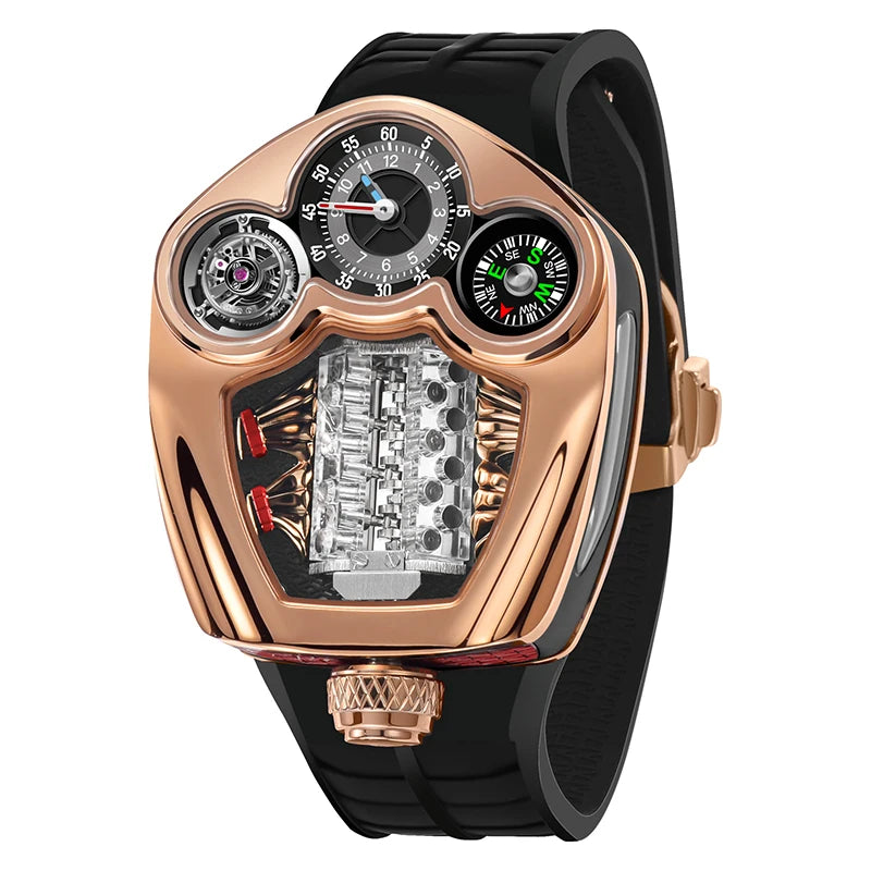 PINDU Men Quartz Watch Silicone Strap Compass Waterproof