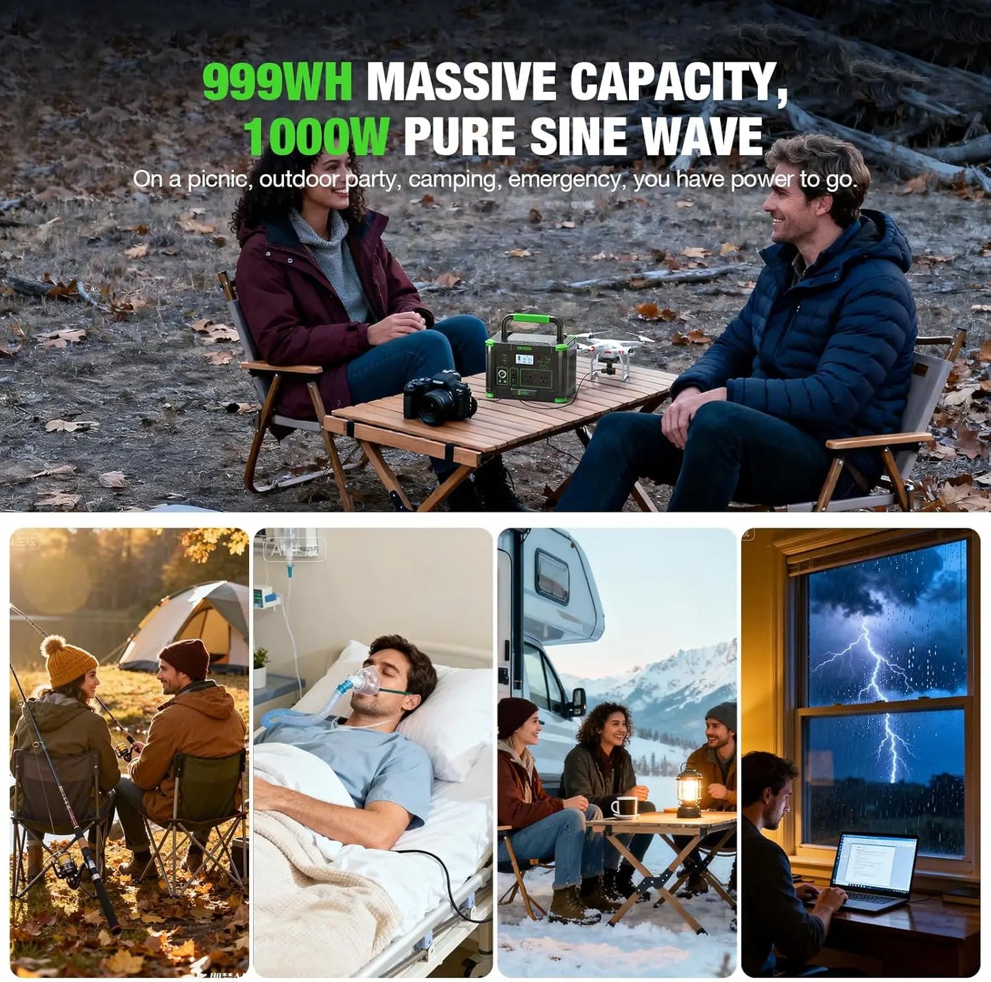 999Wh Portable Power Station For Camping With Wireless Charger