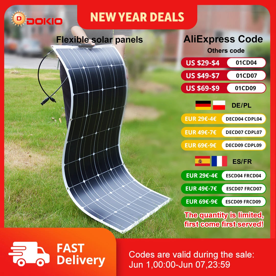 DOKIO 18V 100W Flexible Monocrystalline Solar Panel For RV Camping