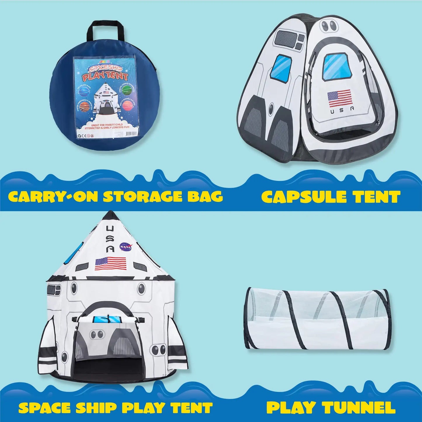 Joyfy Rocket Ship Play Tent Set With Tunnel 3-Piece