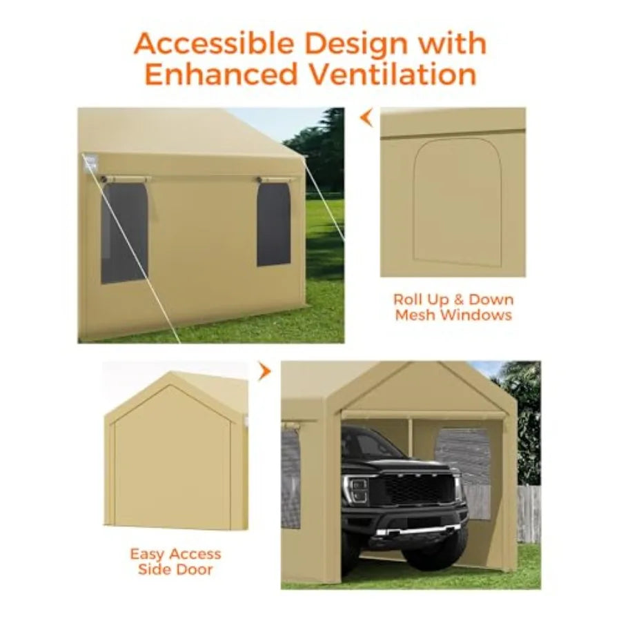 Portable Carport Canopy Shelter With Sidewalls And Roll Up Door