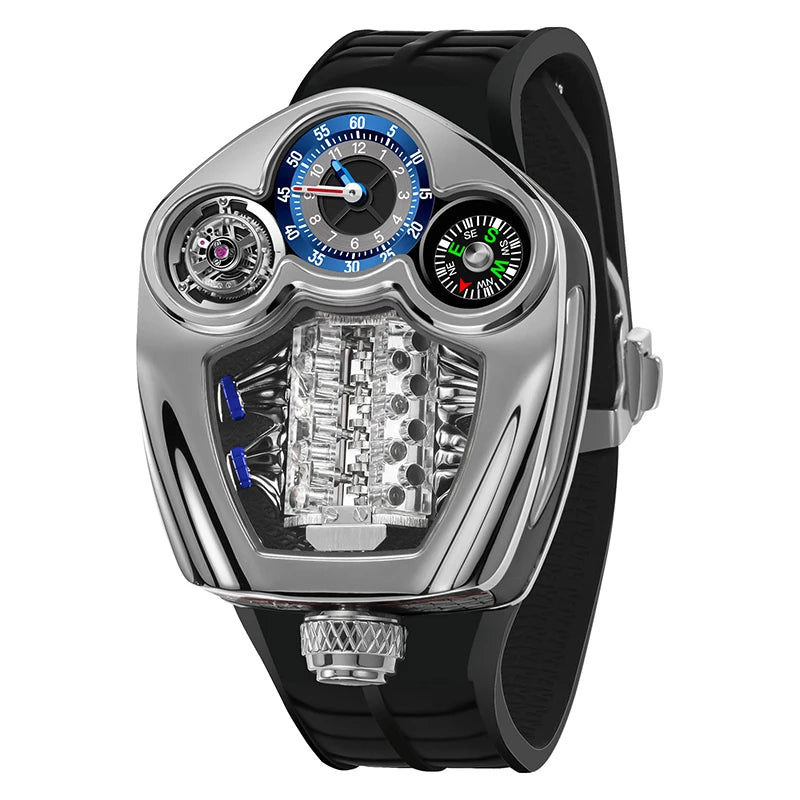 PINDU Men Quartz Watch Silicone Strap Compass Waterproof