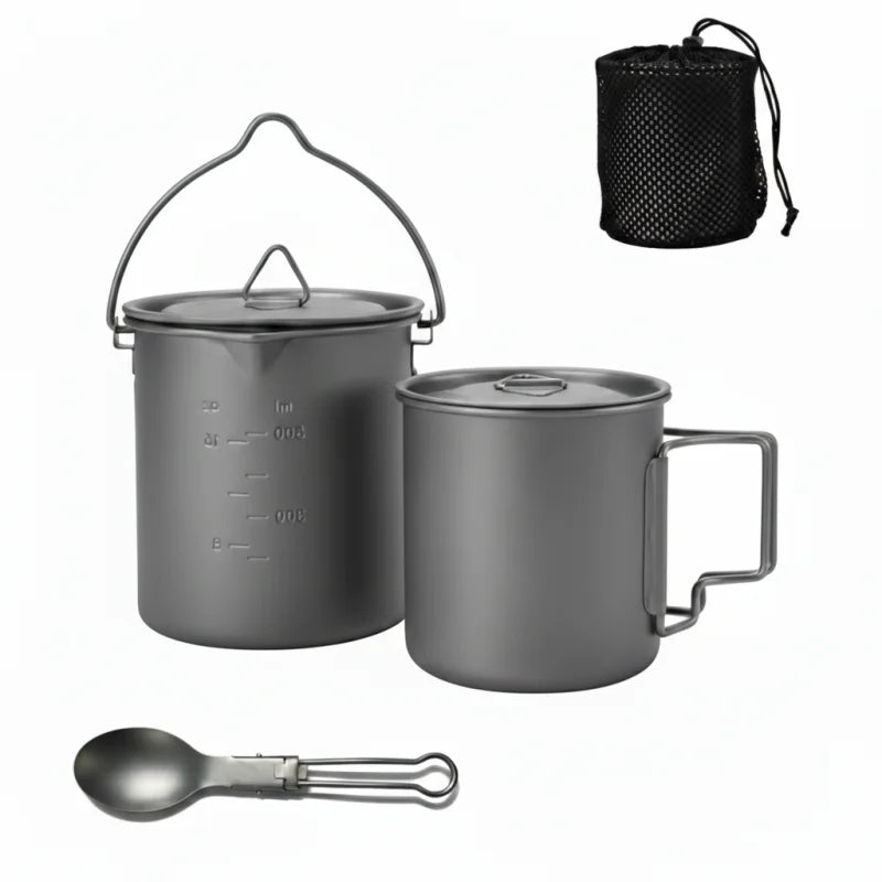 Titanium Camping Cookware Set With Folding Mug And Pot