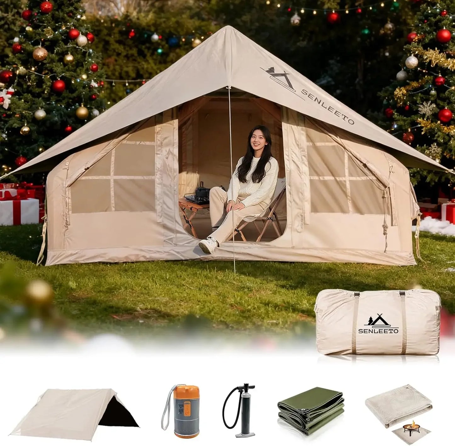 Inflatable Camping Tent With Stove Jack And Mesh Windows